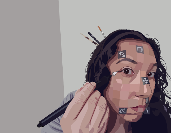 Self-Portrait, pixelated with a drawing stylus and several Illustrator buttons attached to face