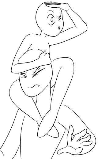 drawing of person stting on another person's shoulders, searching for something
