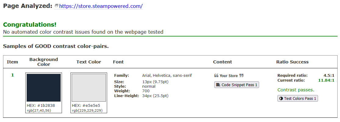 Color Contrast Accessibility Validator results