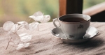 picture of a branch of a plant next to a cup of tea